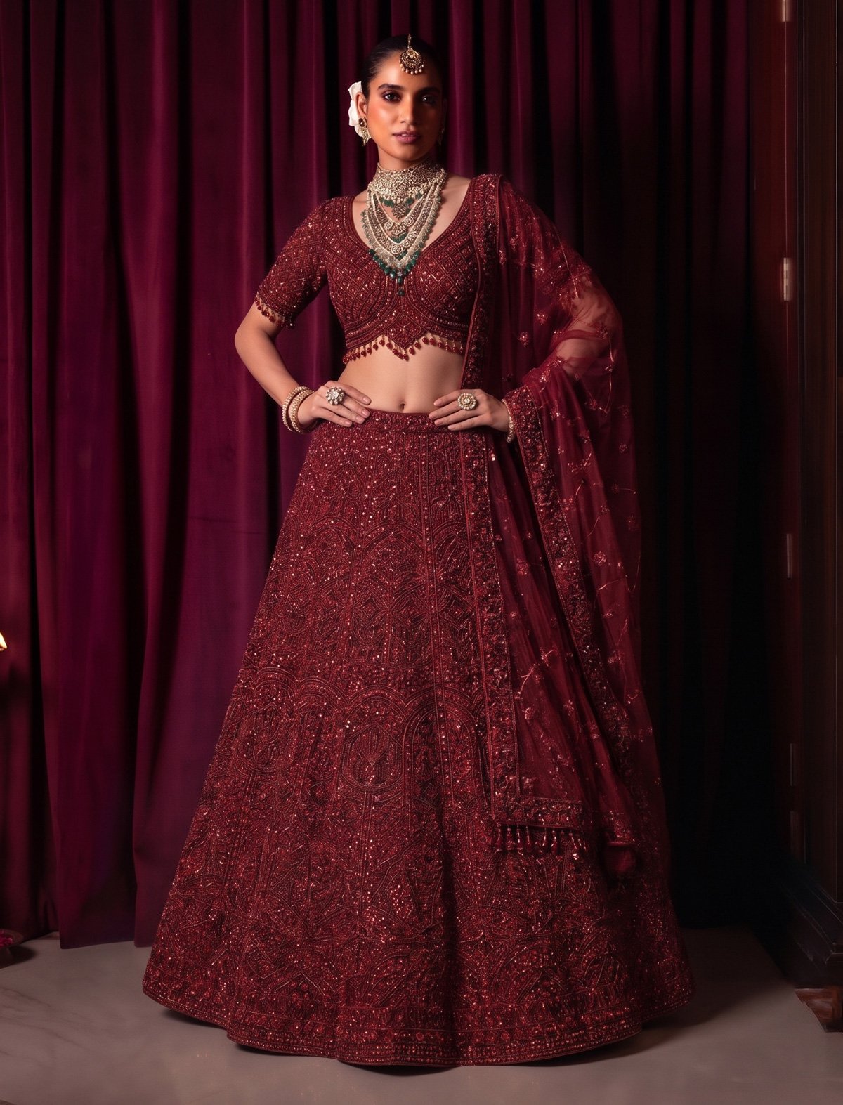Rajshri Fashions Royal Maroon Velvet Heavy Zardozi Bridal Lehenga - Rajshri Fashions Sowcarpet Chennai