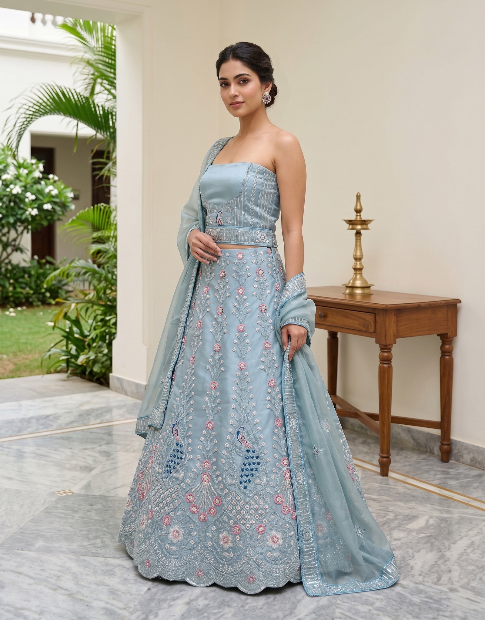 Rajshri Fashions Powder Blue Embroidered Peacock Motif Lehenga Set - Rajshri Fashions Sowcarpet Chennai