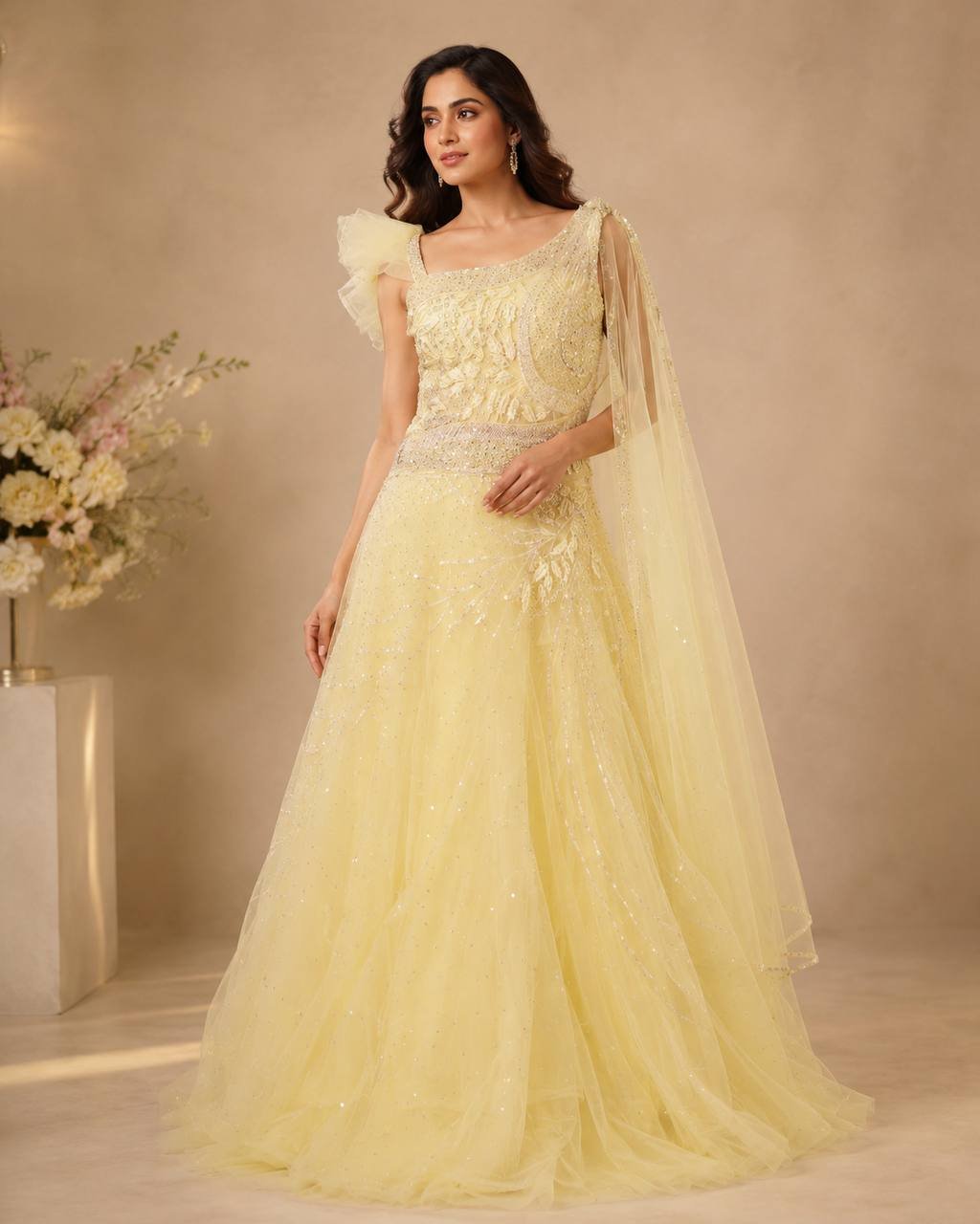 Rajshri Fashions Sunshine Yellow Embroidered Tulle Gown with Cape - Rajshri Fashions Sowcarpet Chennai