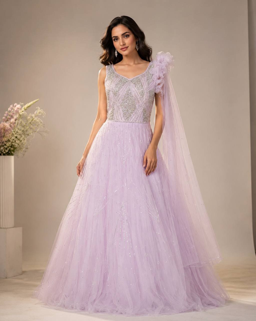 Rajshri Fashions Lavender Tulle Embellished Evening Gown - Rajshri Fashions Sowcarpet Chennai