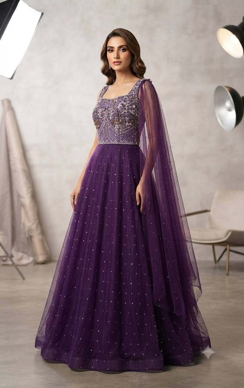 Rajshri Fashions Royal Purple mbellished Net Evening Gown - Rajshri Fashions Sowcarpet Chennai