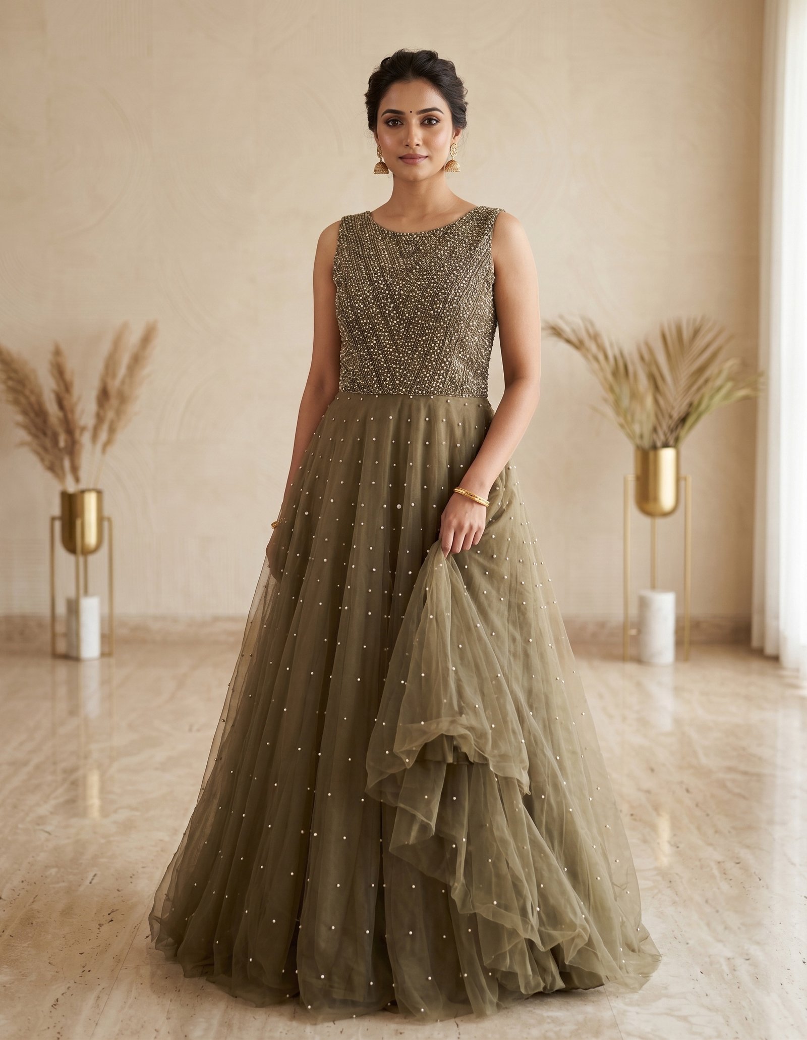 Rajshri Fashions Olive Green Embellished Tulle Gown - Rajshri Fashions Sowcarpet Chennai