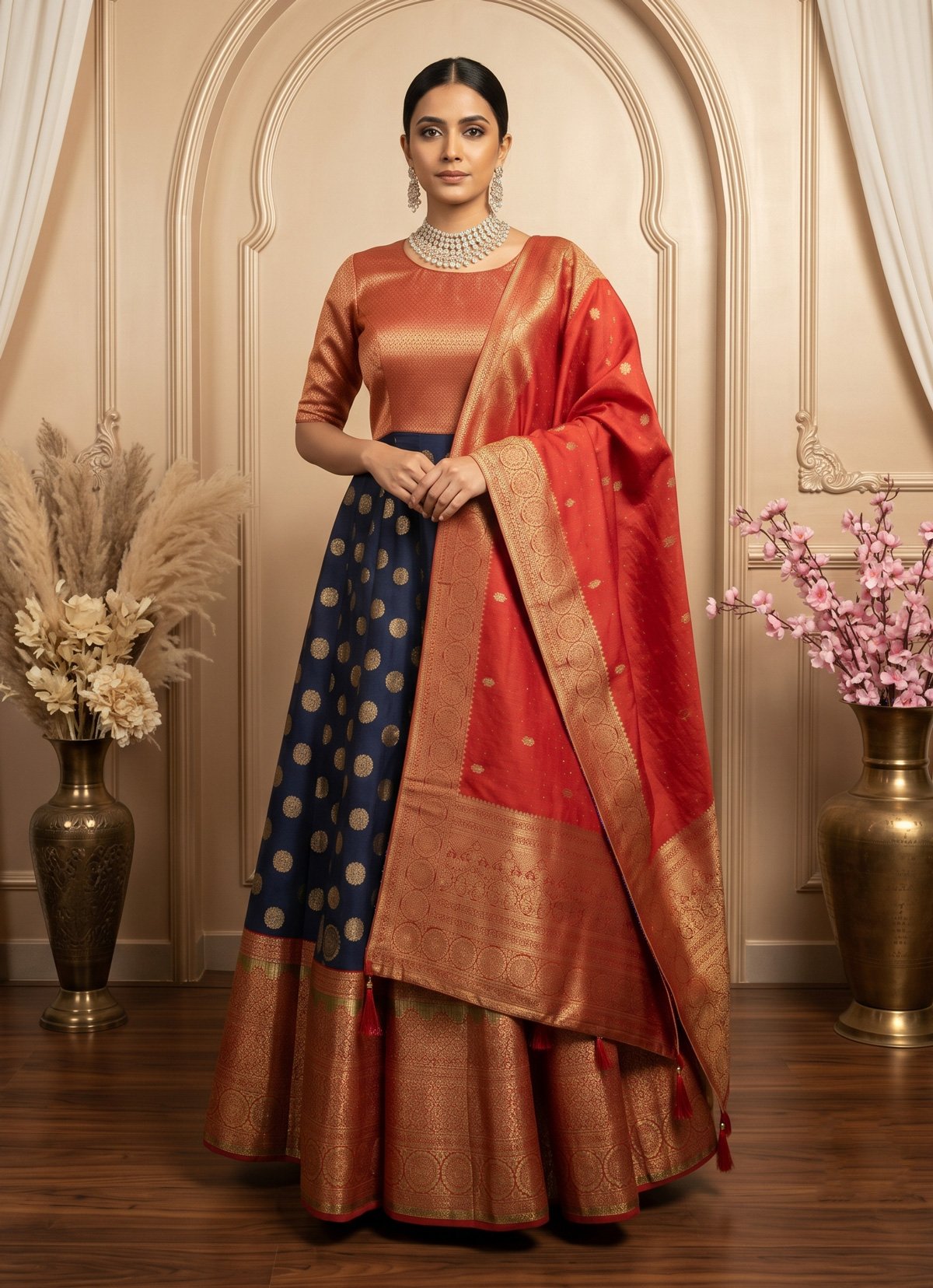 Rajshri Fashions Royal Navy & Burnt Orange Banarasi Silk Gown Set - Rajshri Fashions Sowcarpet Chennai
