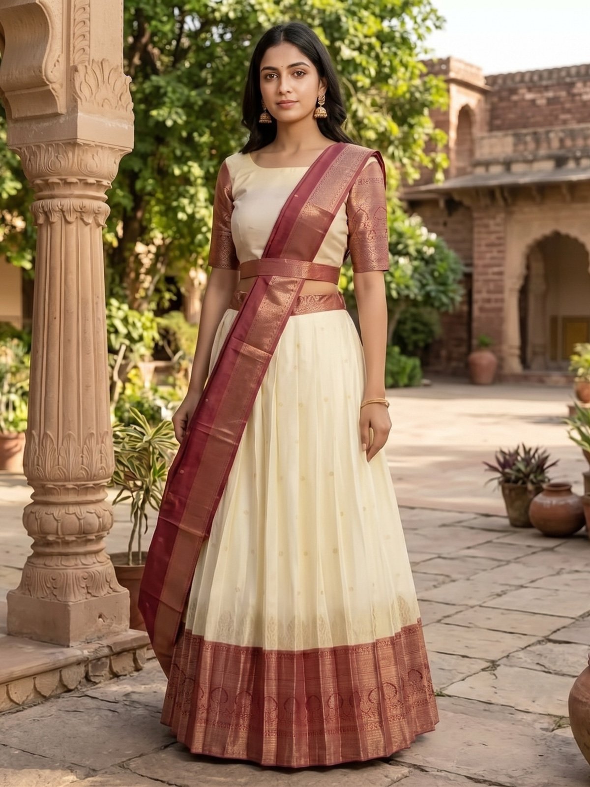 Rajshri Fashions Ivory & Maroon Silk Half Saree Style Lehenga Set
