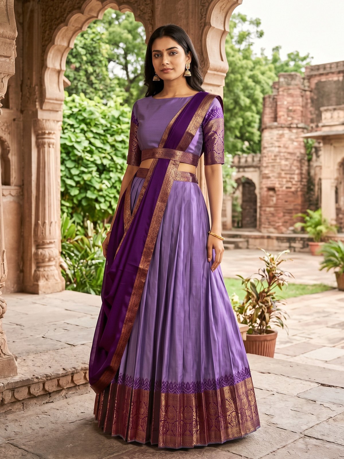 Rajshri Fashions Regal Lilac & Wine Kanjivaram Silk Lehenga Set