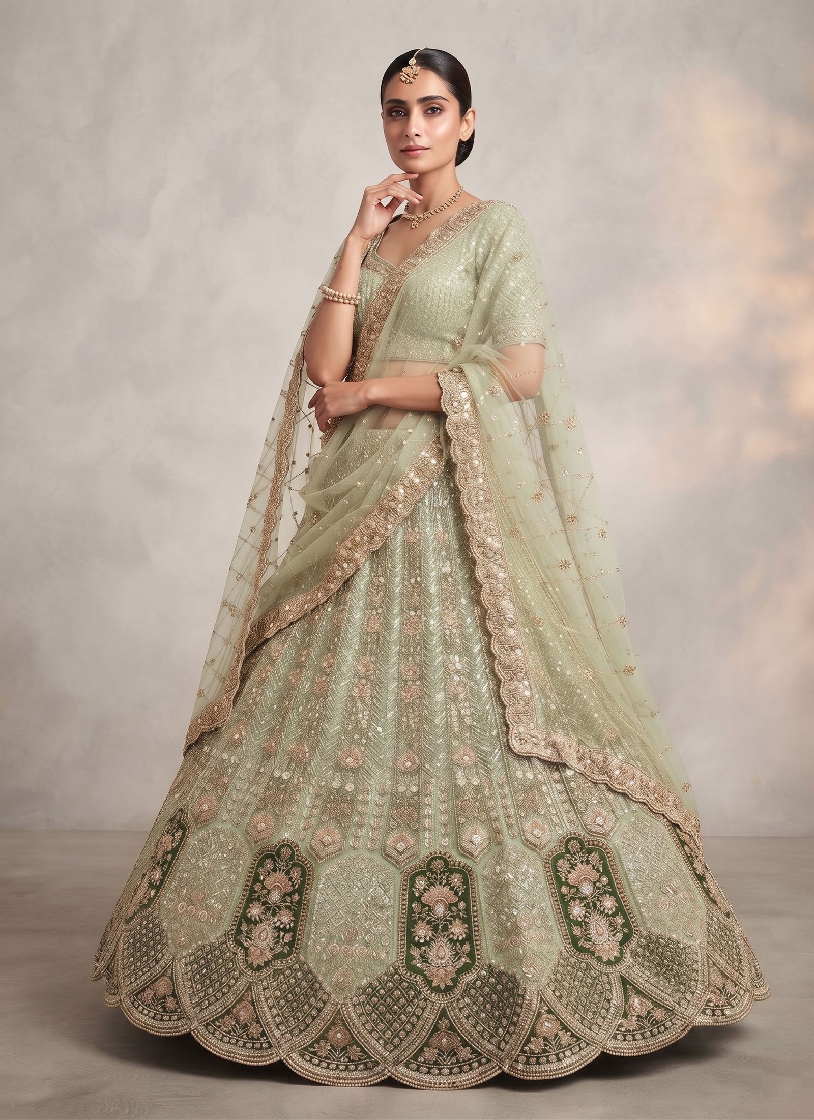 Rajshri Fashions Sage Green Opulent Zardosi & Sequin Embroidered Lehenga