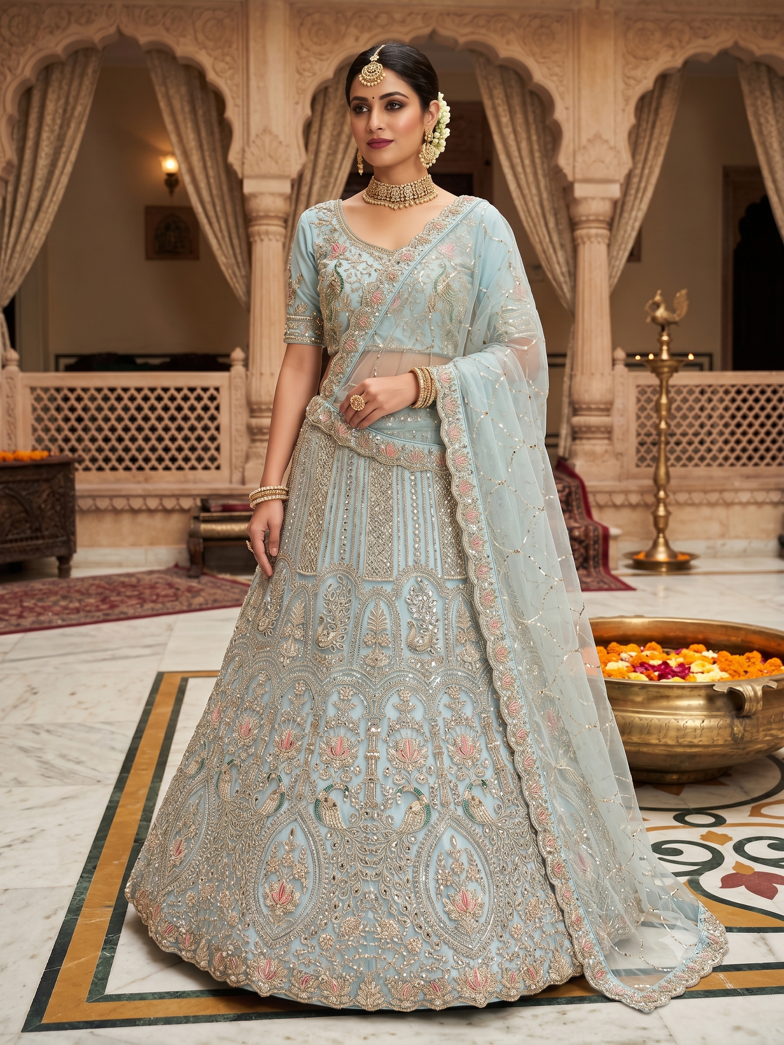 Rajshri Fashions Powder Blue Intricate Peacock Zari & Sequin Embroidered Lehenga - Rajshri Fashions Sowcarpet Chennai