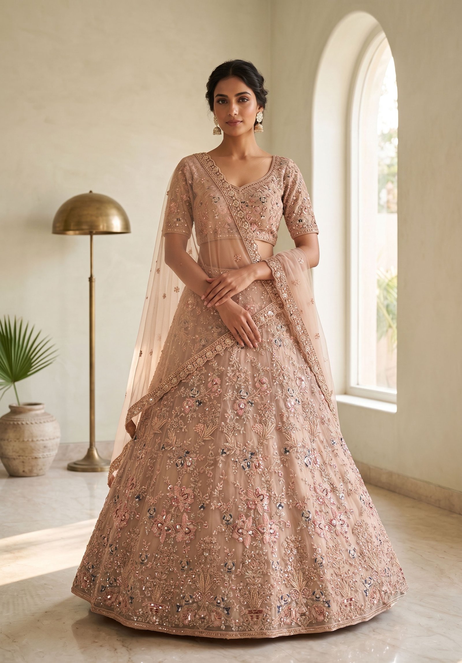 Rajshri Fashions Blush Pink Floral Embroidered Net Bridal Lehenga - Rajshri Fashions Sowcarpet Chennai
