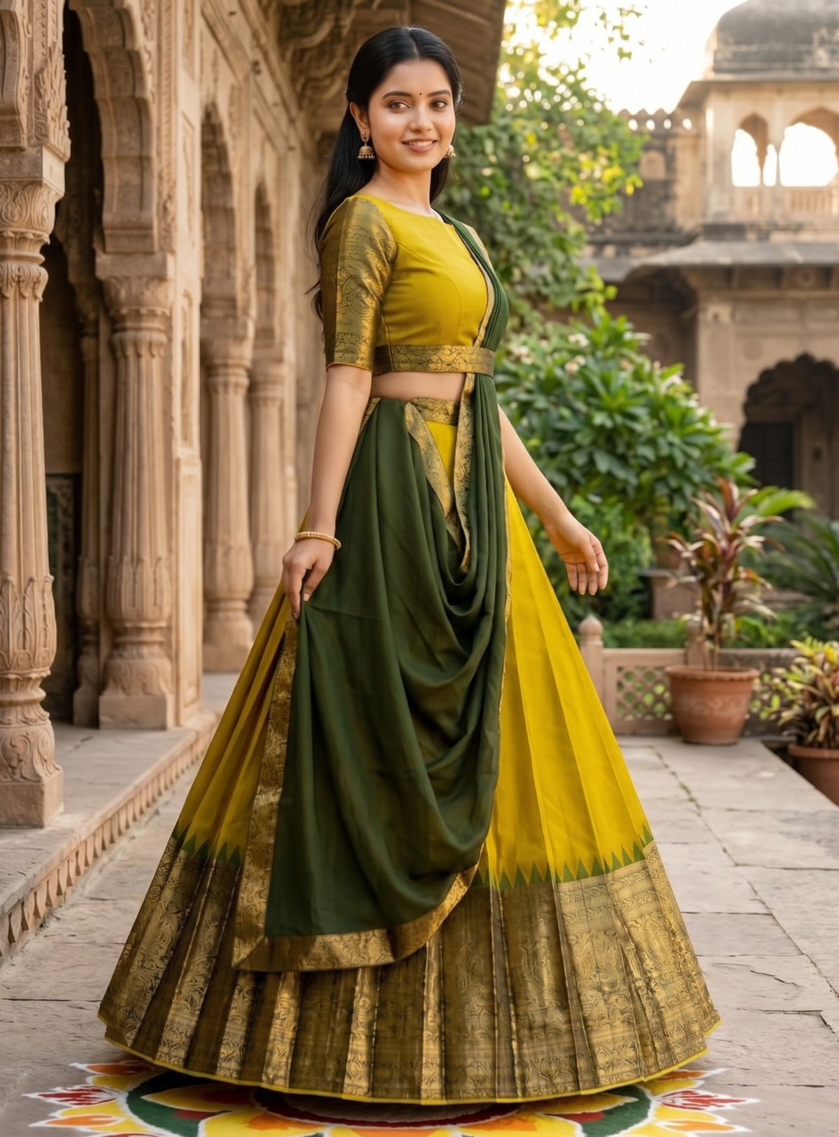 Rajshri Fashions Vibrant Haldi Yellow & Olive Green Traditional Lehenga Set
