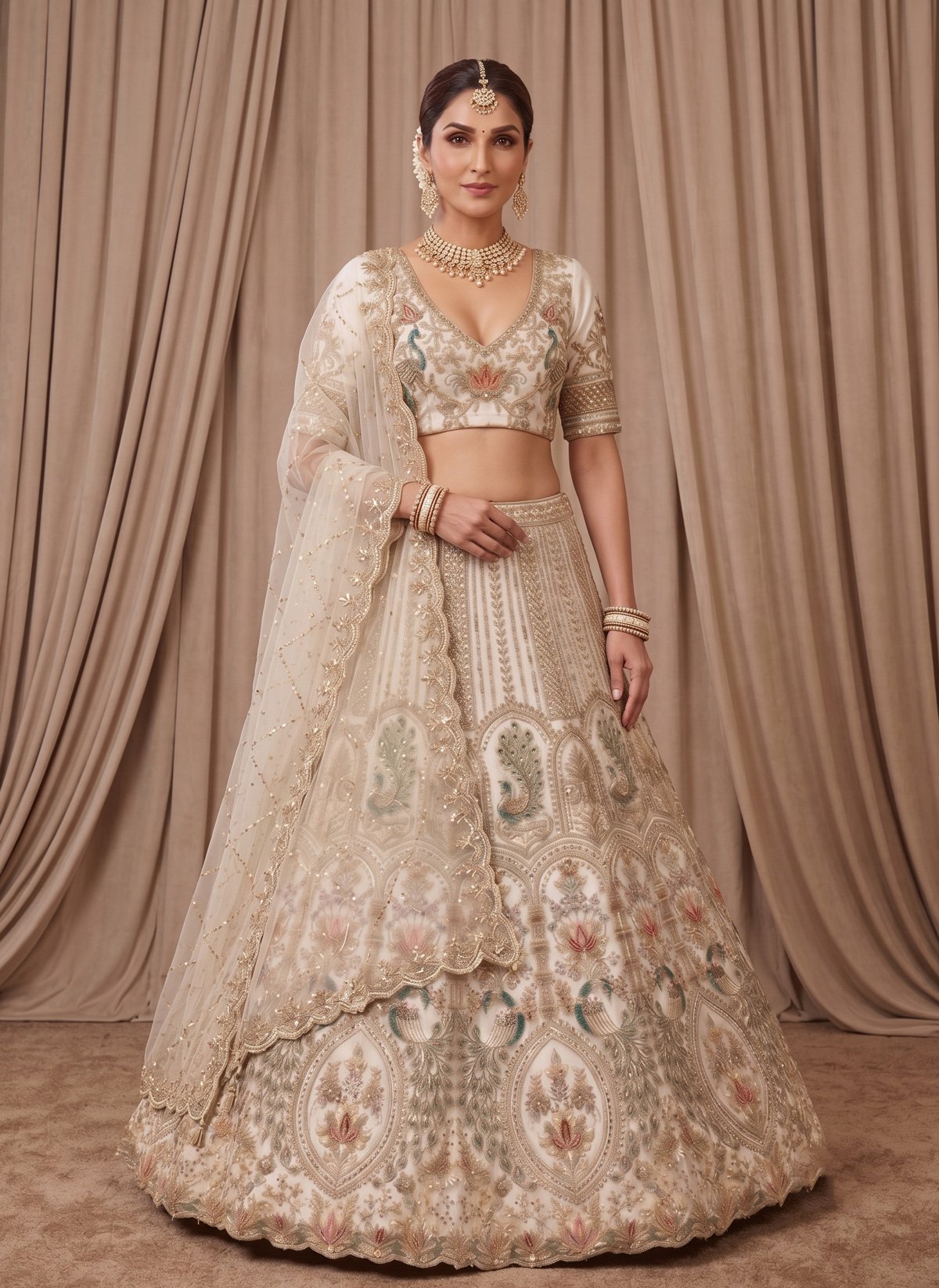 Rajshri Fashions Ivory & Gold Peacock Motif Heavy Zardozi Bridal Lehenga