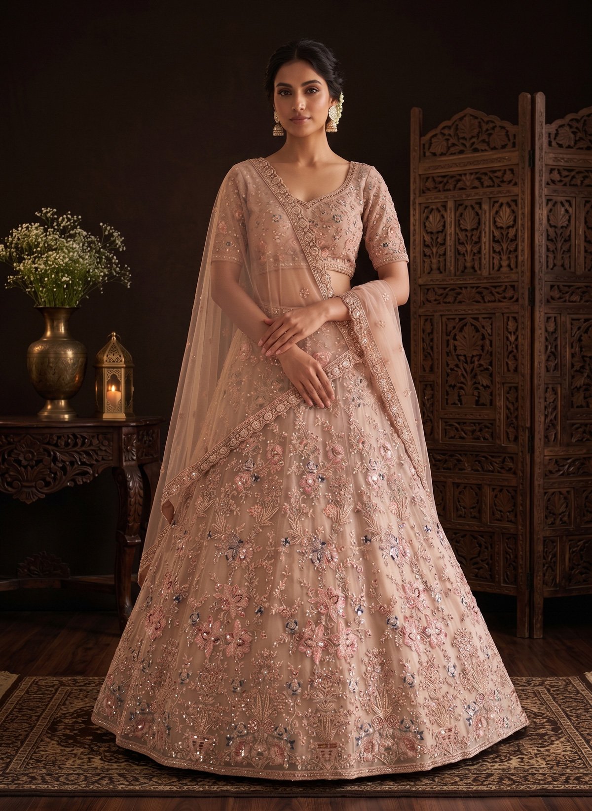 Rajshri Fashions Blush Pink Floral Embroidered Net Bridal Lehenga