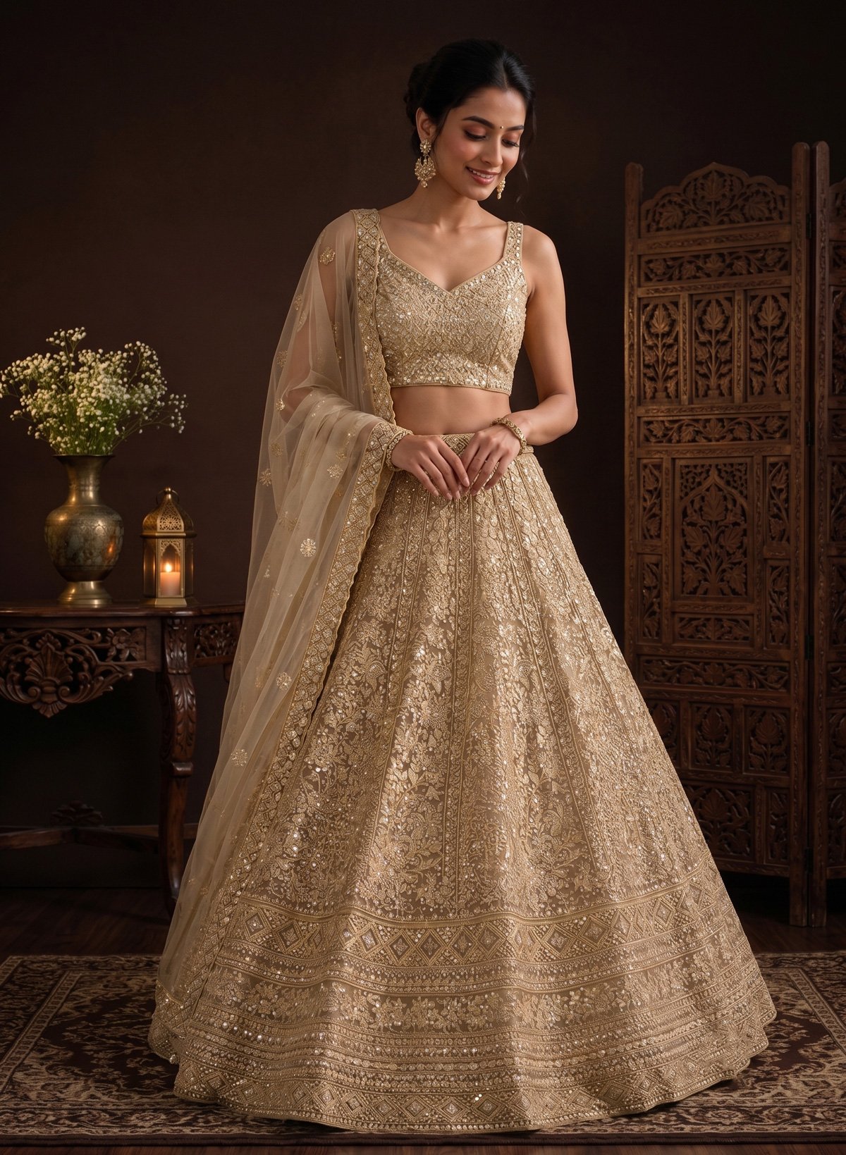 Rajshri Fashions Radiant Gold Embellished Net Bridal Lehenga