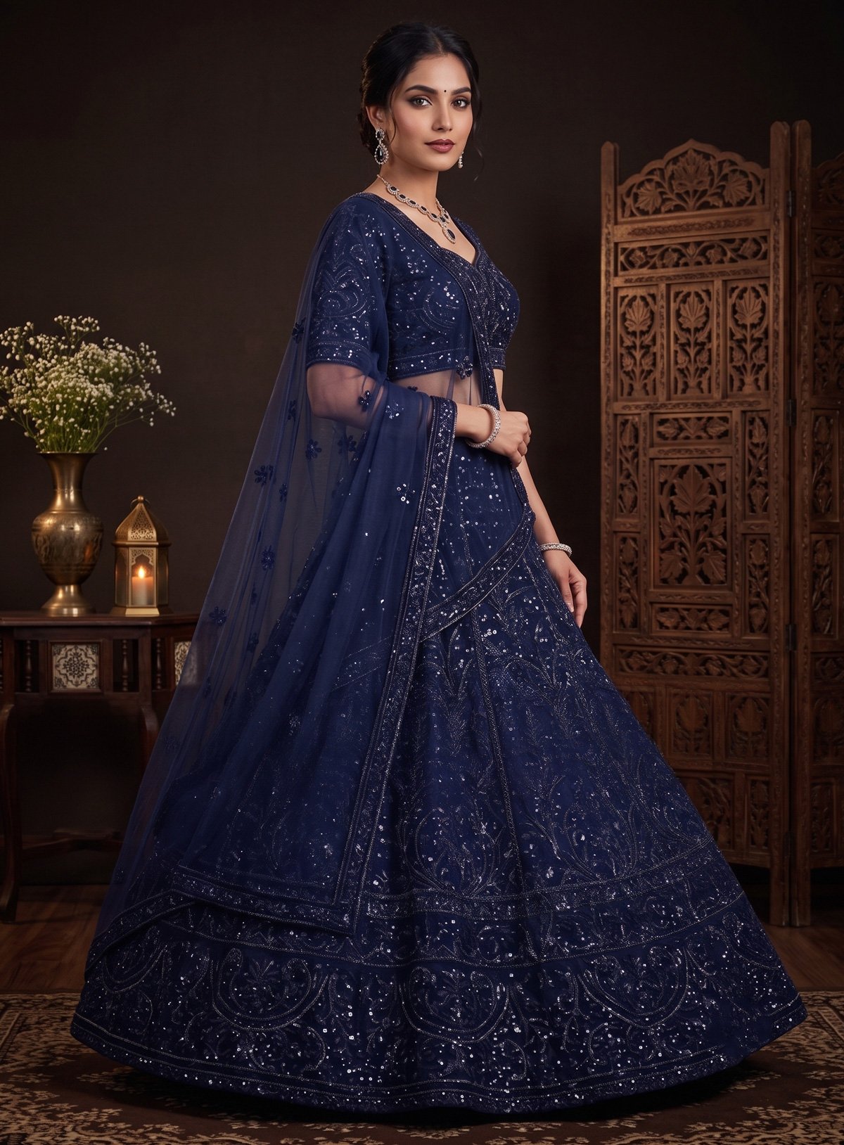 Rajshri Fashions Midnight Blue Embellished Net Bridal Lehenga