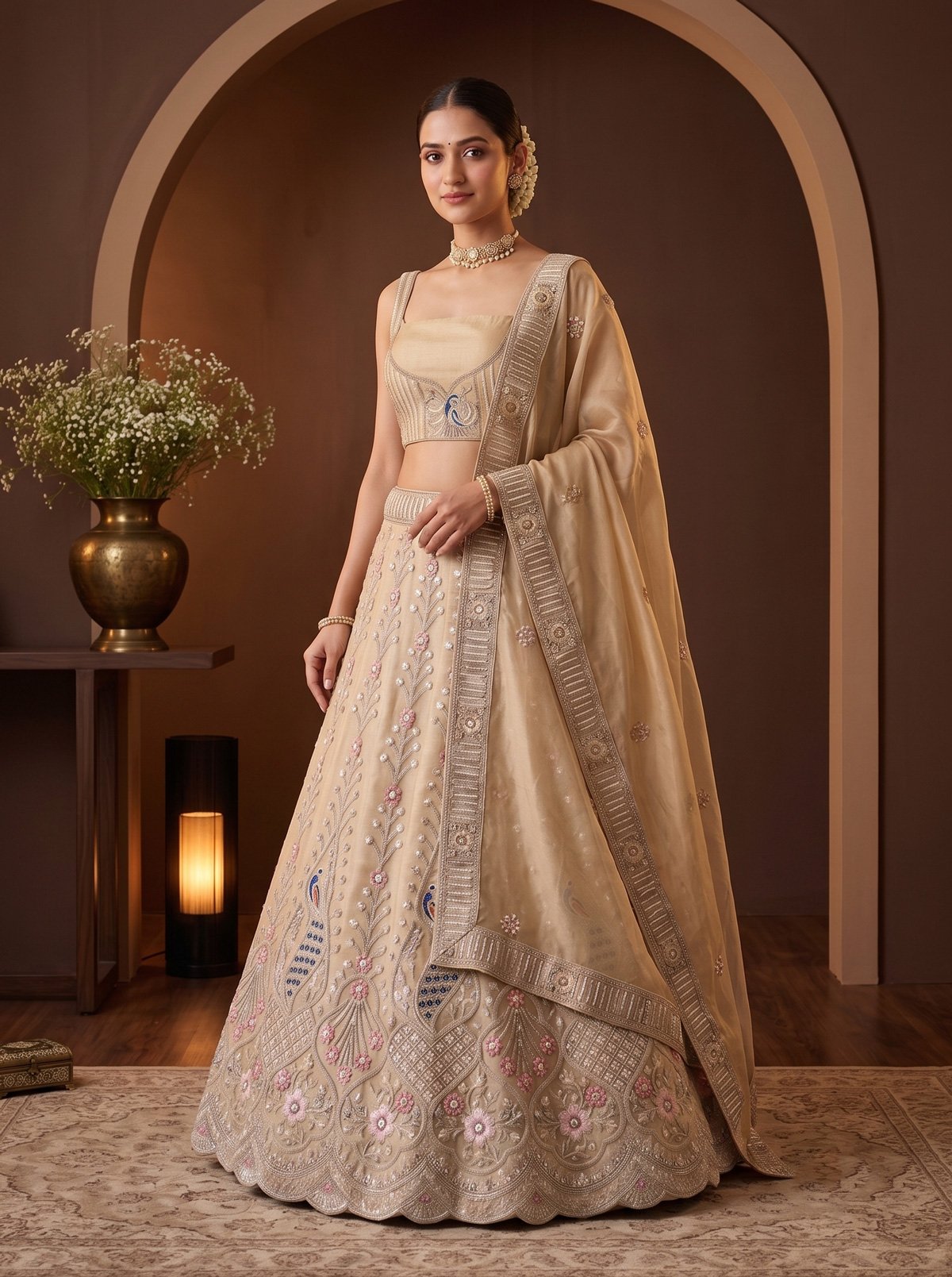 Rajshri Fashions Champagne Gold Floral Embroidered Organza Lehenga Set