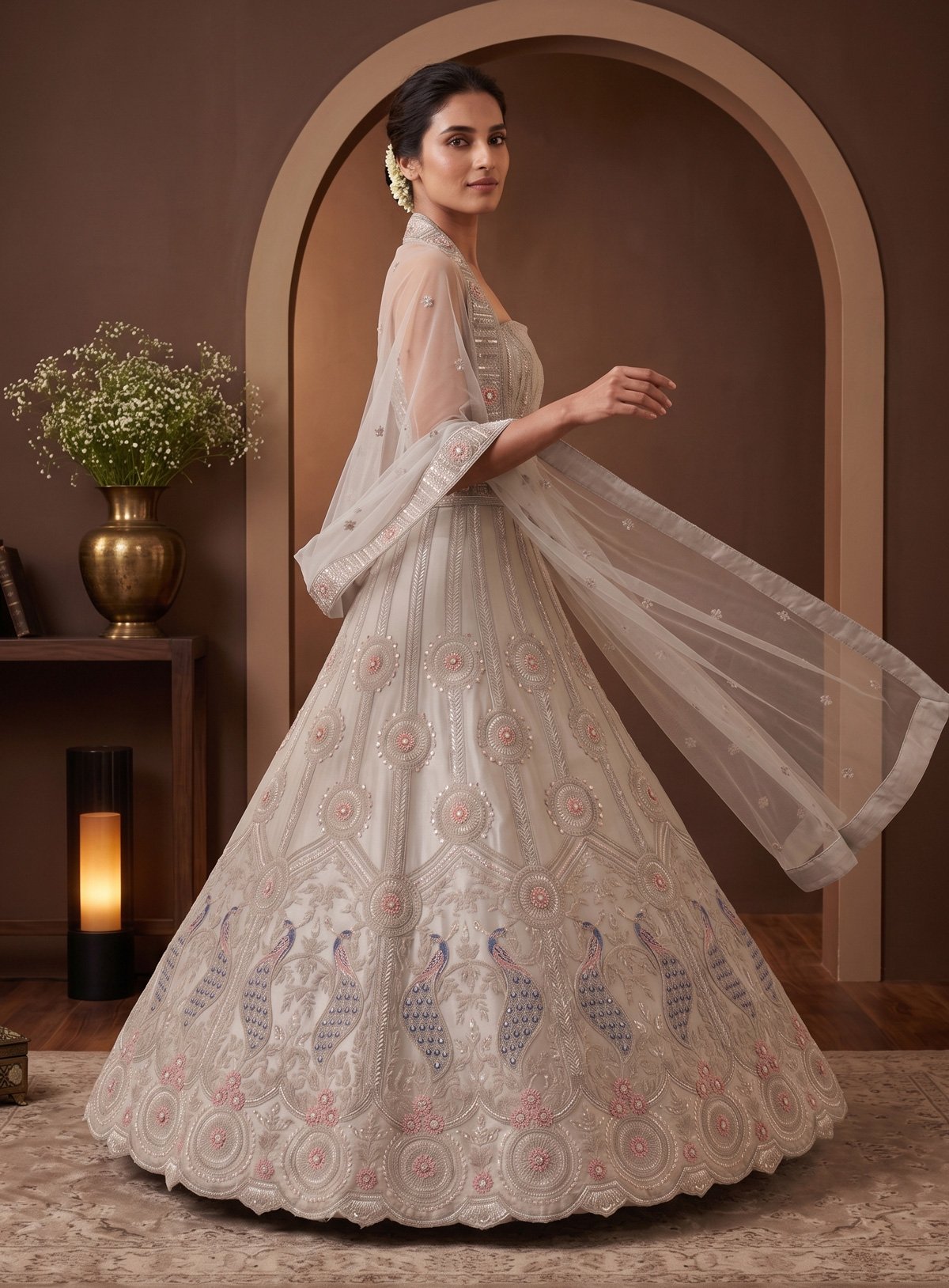 Rajshri Fashions Ethereal Silver Grey Hand-Embroidered Peacock Motif Lehenga