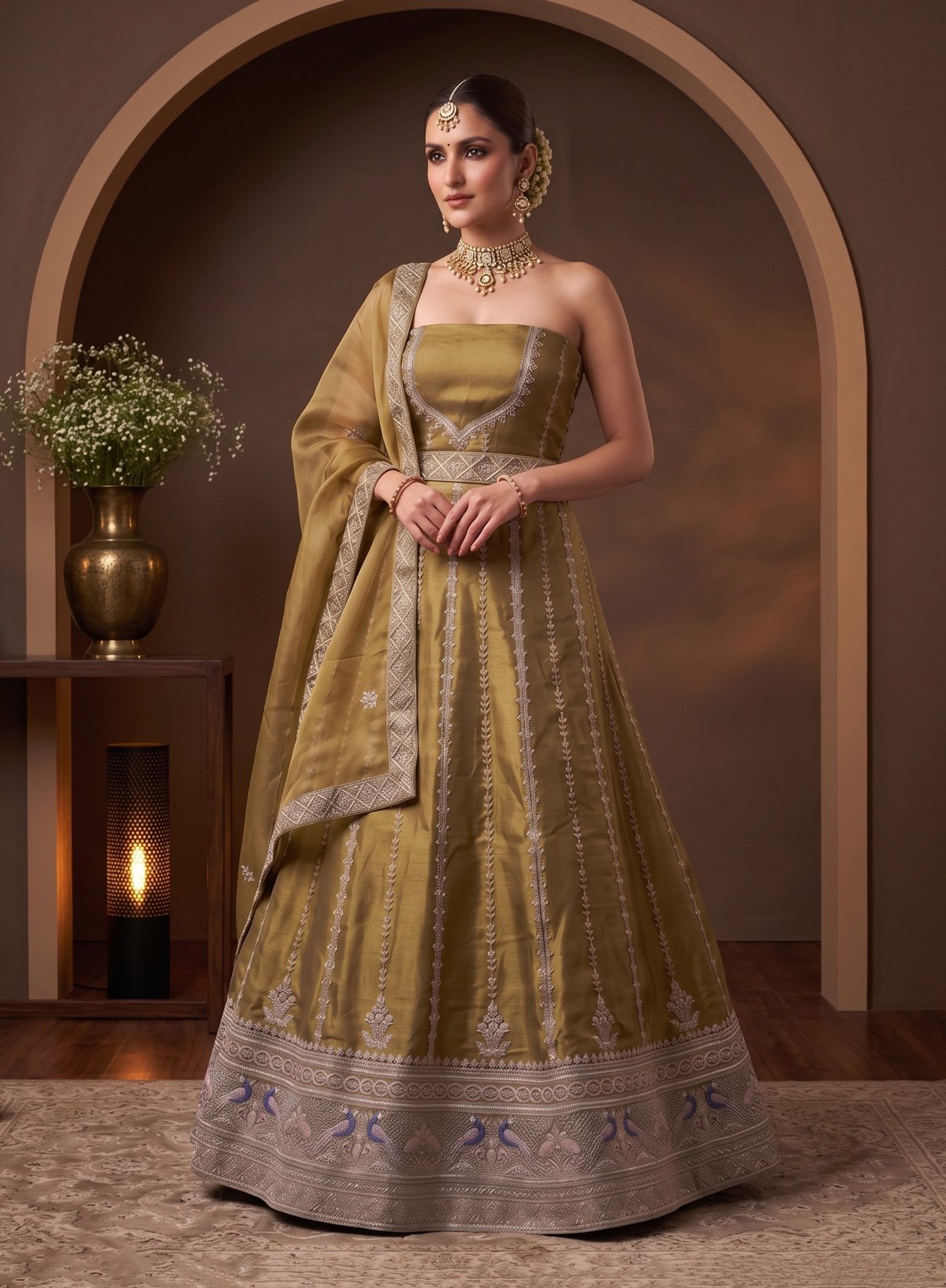 Rajshri Fashions Olive Green Raw Silk Blend Embroidered Lehenga Set