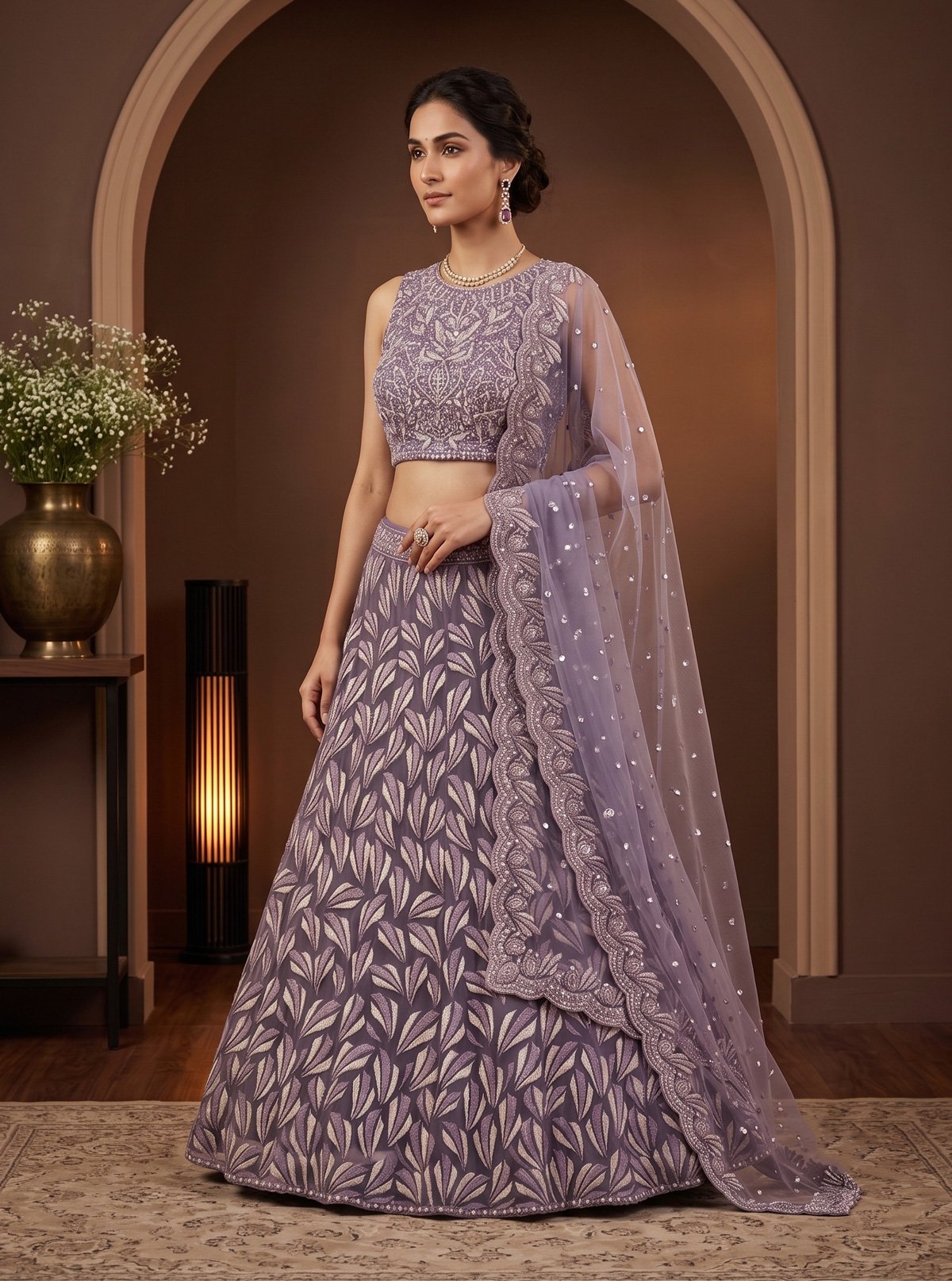 Rajshri Fashions Lavender Haze Embroidered Net Lehenga Set