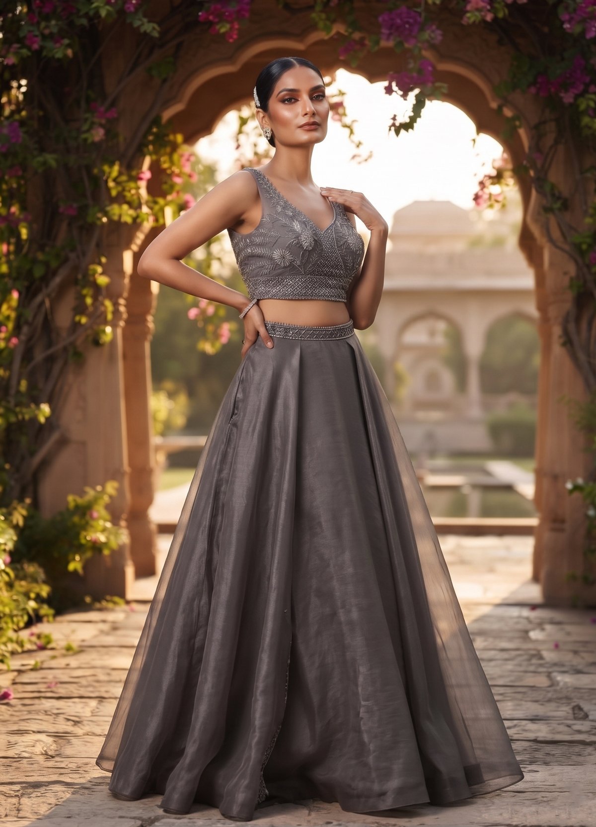Rajshri Fashions Slate Grey Organza Embellished Crop Top Lehenga Set - Rajshri Fashions Sowcarpet Chennai