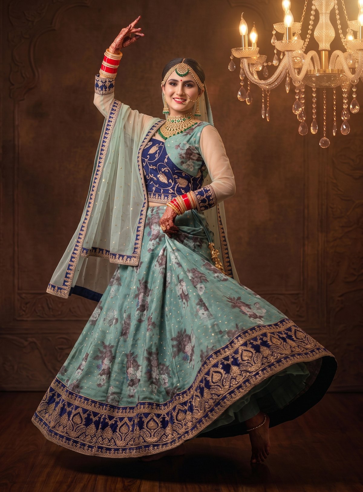Rajshri Fashions Mint & Royal Blue Floral Embroidered Bridal Lehenga - Rajshri Fashions Sowcarpet Chennai