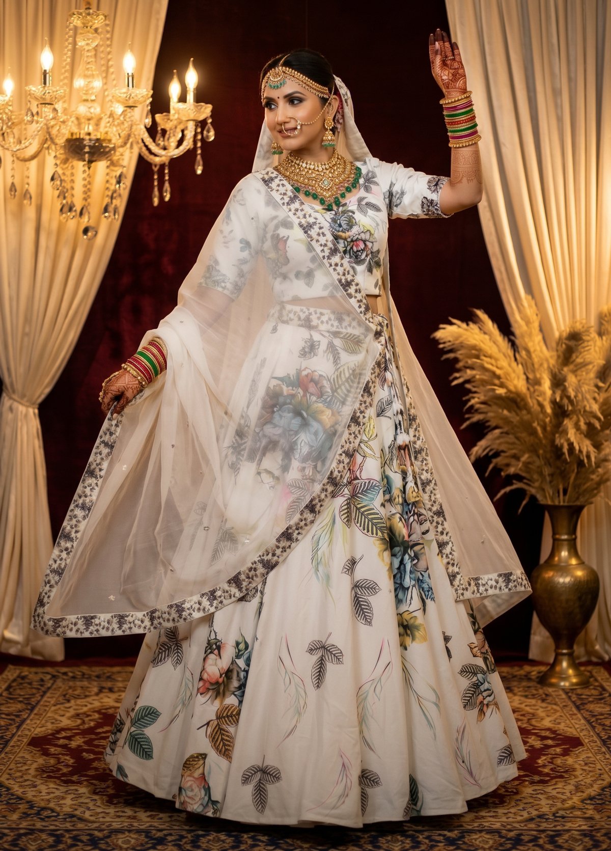 Rajshri Fashions Ivory Floral Hand-Painted Organza Lehenga - Rajshri Fashions Sowcarpet Chennai