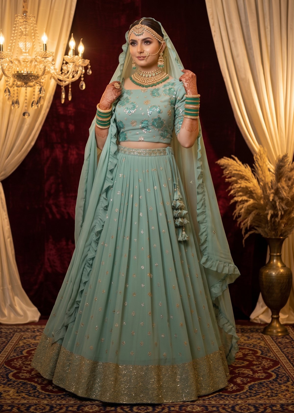 Rajshri Fashions Mint Green Sequined Georgette Ruffle Lehenga Set - Rajshri Fashions Sowcarpet Chennai