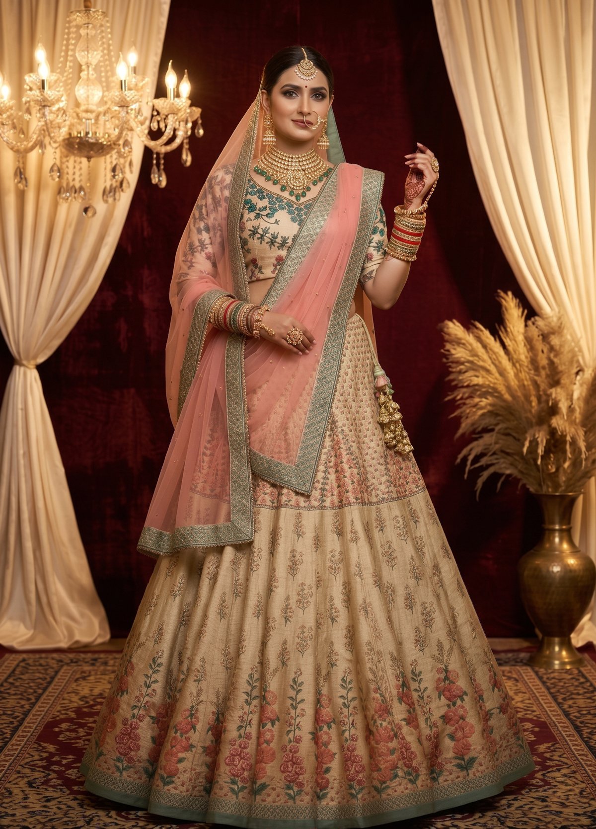 Rajshri Fashions Royal Beige Floral Print Heritage Bridal Lehenga - Rajshri Fashions Sowcarpet Chennai