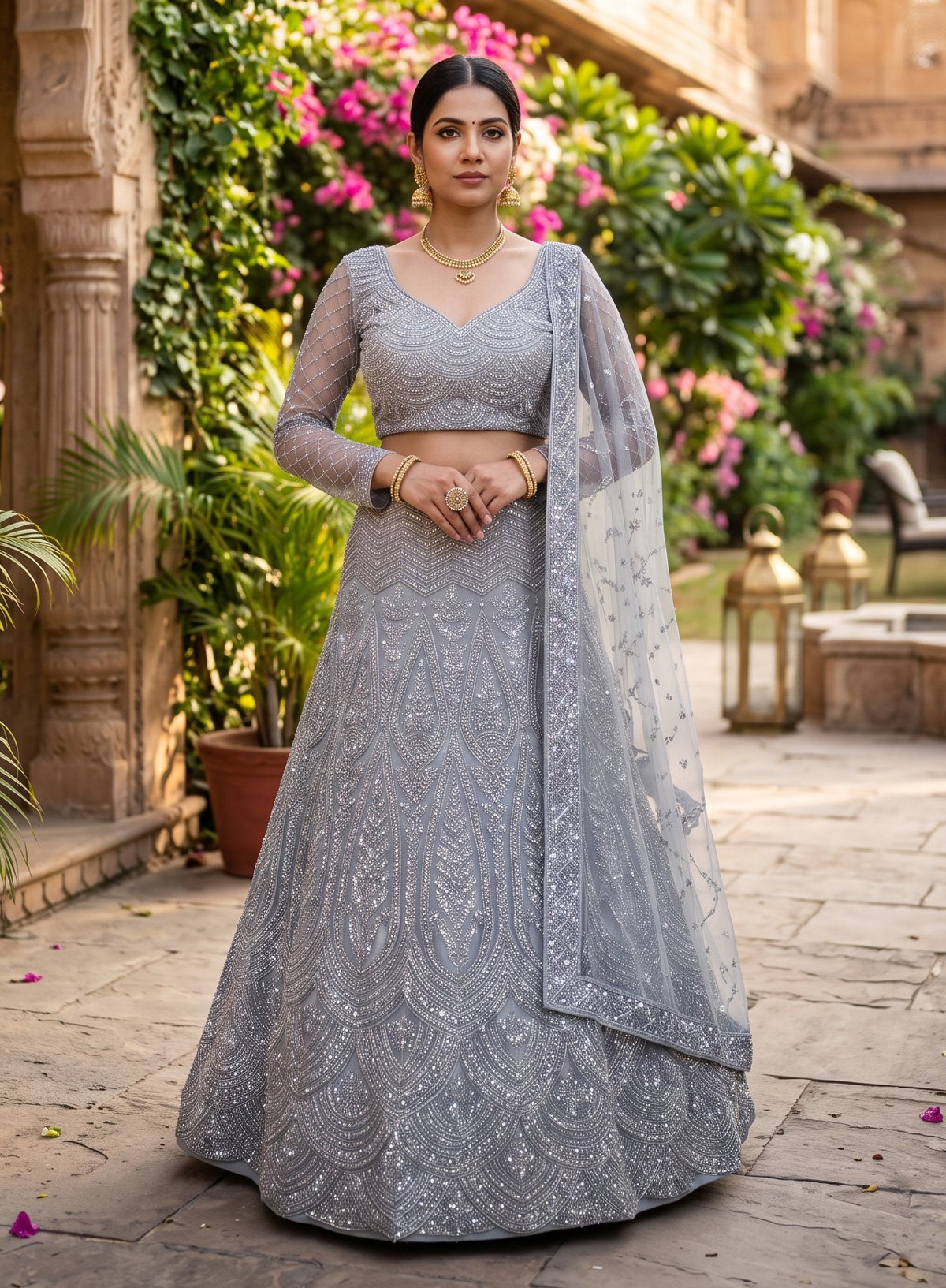 Rajshri Fashions Ethereal Silver Lavender Embellished Net Lehenga Set - Rajshri Fashions Sowcarpet Chennai