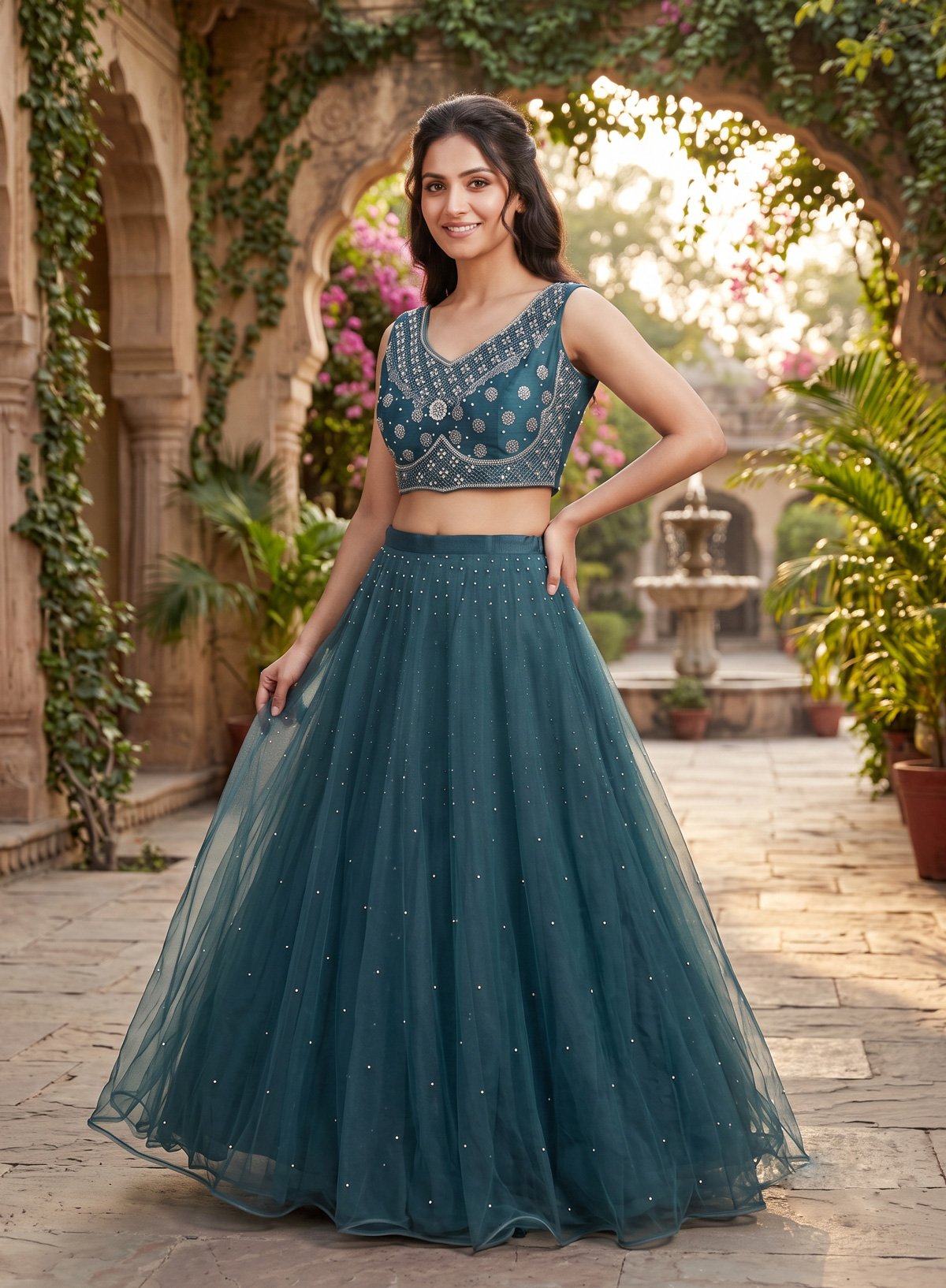 Rajshri Fashions Midnight Teal Embellished Net Lehenga Set - Rajshri Fashions Sowcarpet Chennai