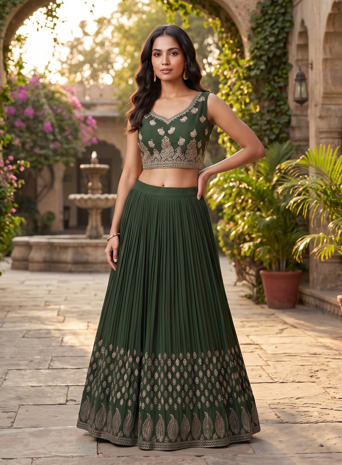 Rajshri Fashions Emerald Green Pleated Georgette Lehenga Set - Rajshri Fashions Sowcarpet Chennai