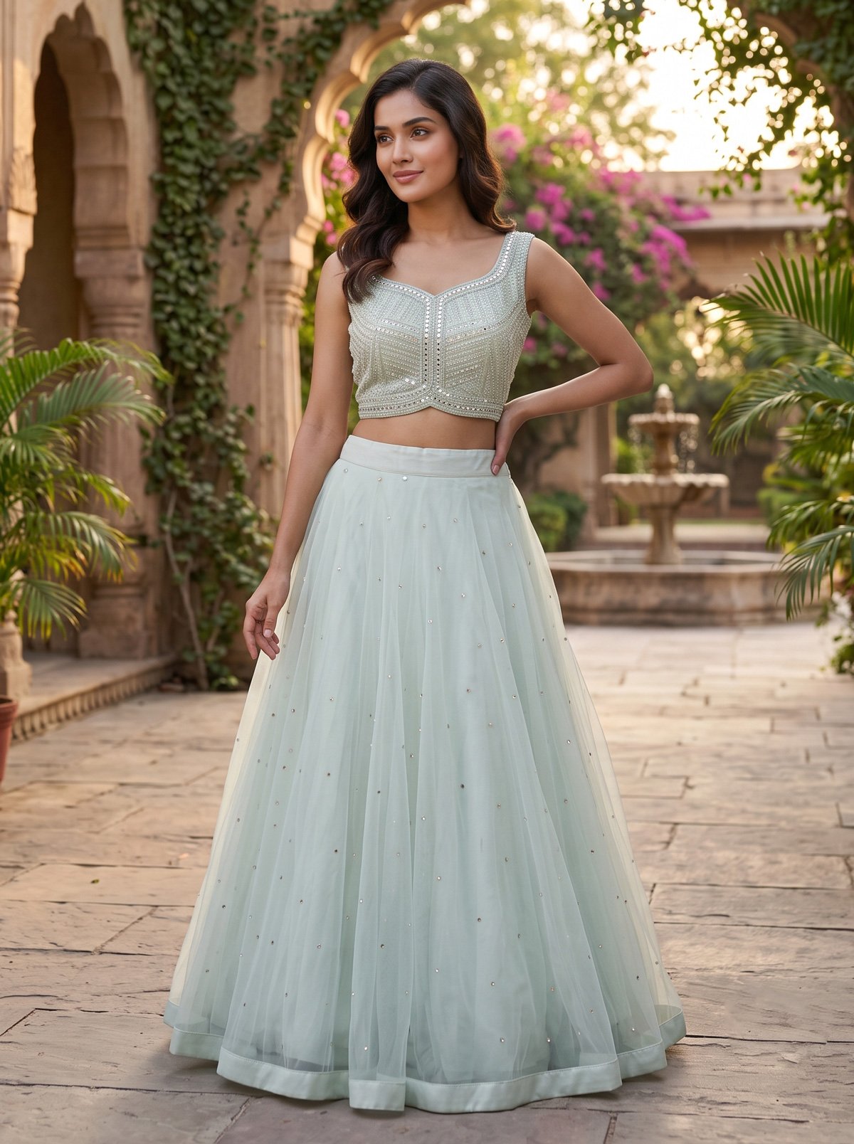 Rajshri Fashions Mint Green Ethereal Net Sequin Lehenga Set - Rajshri Fashions Sowcarpet Chennai