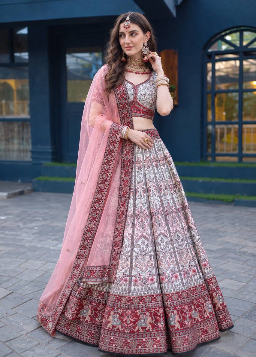Rajshri Fashions Ivory & Maroon Floral Heritage Print Bridal Lehenga - Rajshri Fashions Sowcarpet Chennai