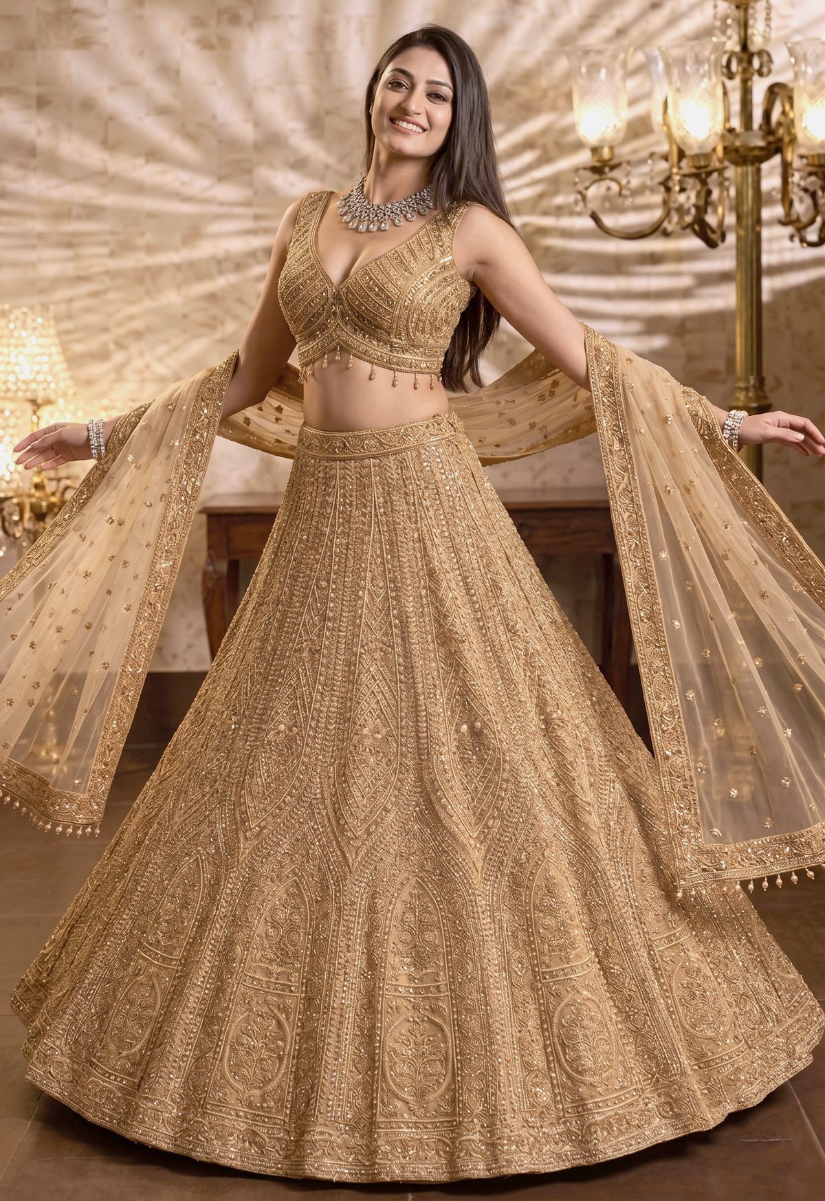 Rajshri Fashions Golden Radiance Heavy Zardosi & Cutdana Bridal Lehenga - Rajshri Fashions Sowcarpet Chennai