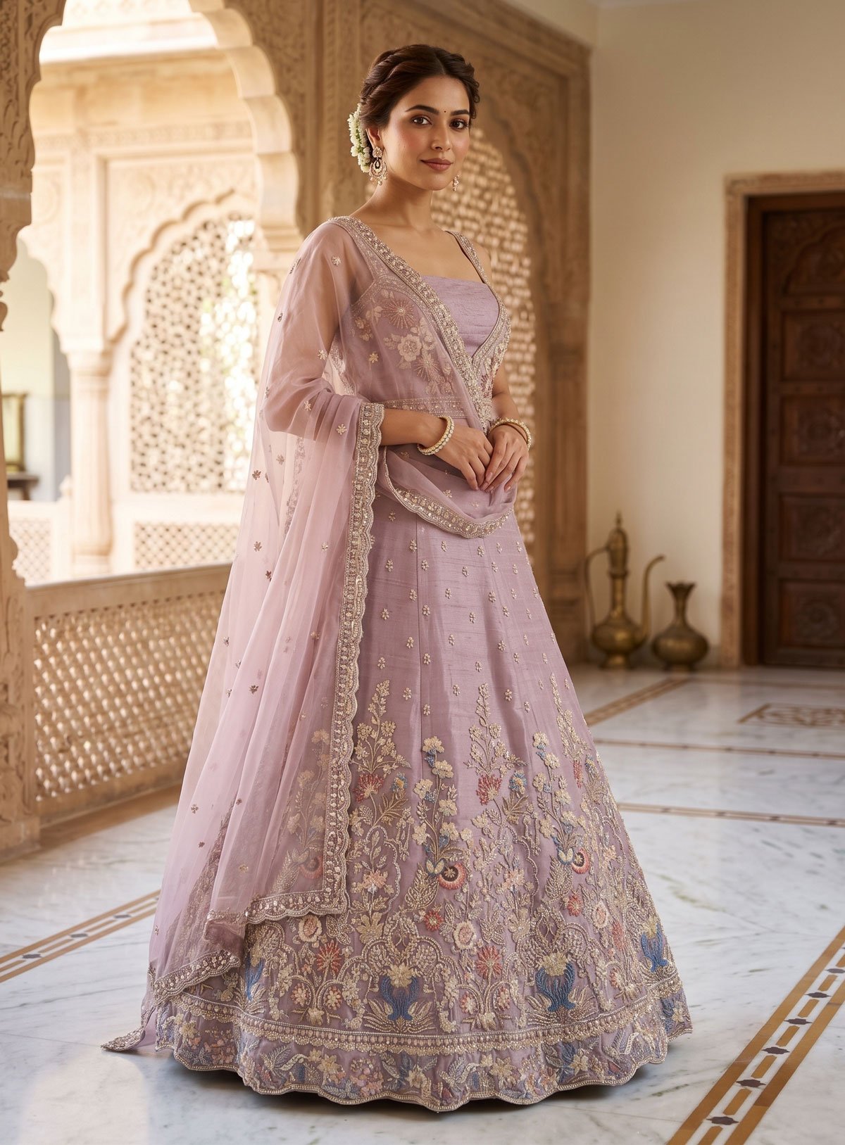 Rajshri Fashions Lavender Floral Embroidered Raw Silk Blend Lehenga Set - Rajshri Fashions Sowcarpet Chennai