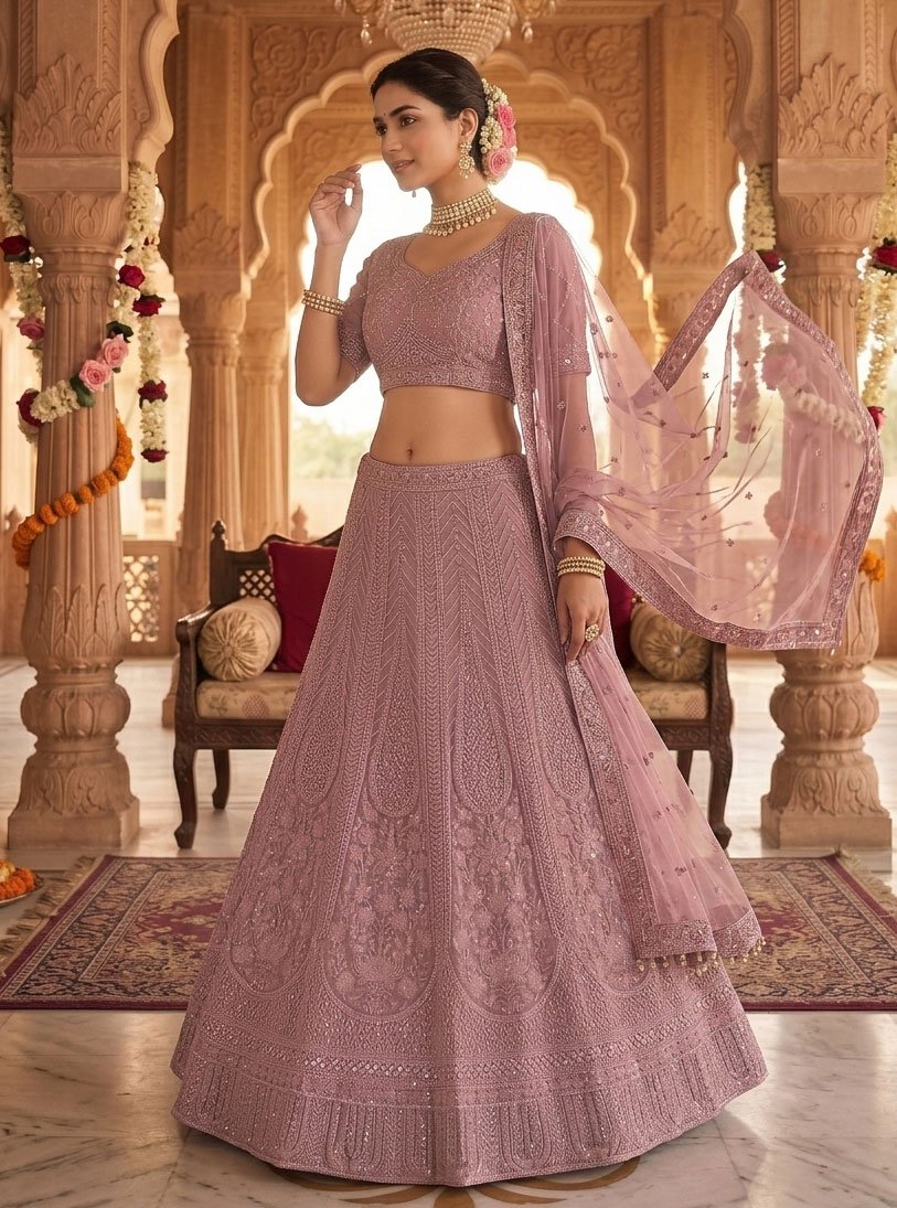 Rajshri Fashions Lavender Haze Embroidered Net Bridal Lehenga - Rajshri Fashions Sowcarpet Chennai