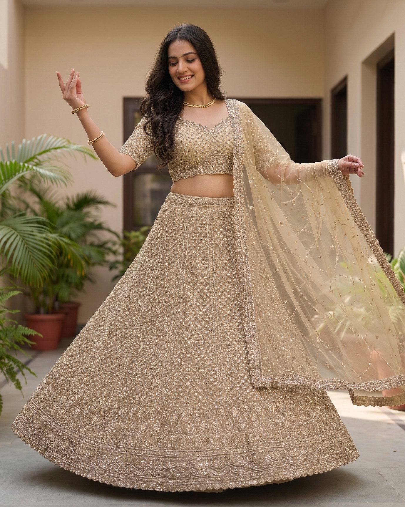 Rajshri Fashions Champagne Gold Intricate Sequin & Cutdana Embroidered Lehenga - Rajshri Fashions Sowcarpet Chennai
