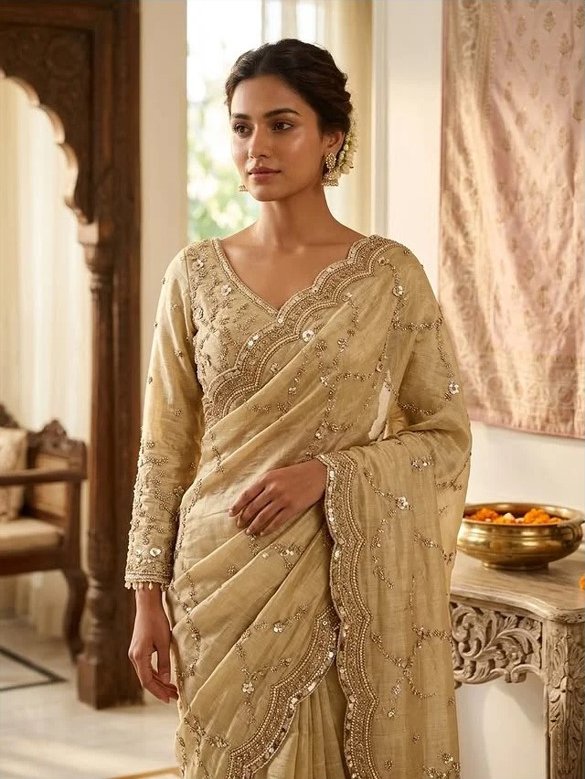 Regal Champagne Gold Embroidered Silk Saree - Rajshri Fashions Sowcarpet Chennai