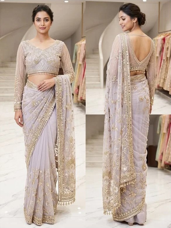 Enchanting Lilac Embellished Net Saree with Glistening Gold Embroidery - Rajshri Fashions Sowcarpet Chennai