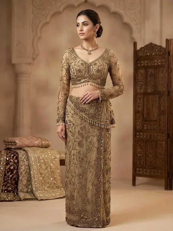 Opulent Antique Gold Sequin & Bead Embroidered Saree - Rajshri Fashions Sowcarpet Chennai