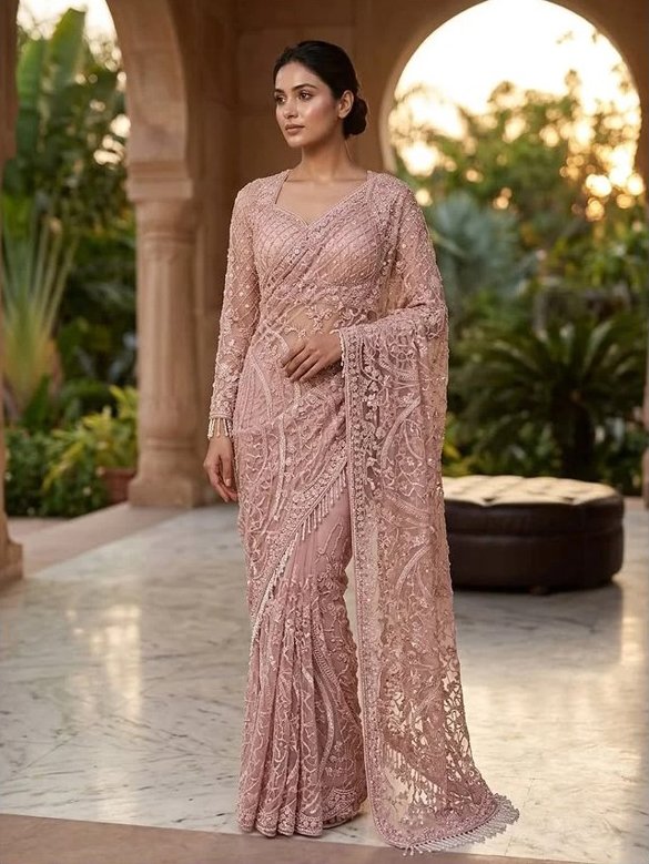 Blush Pink Embroidered Net Saree with Full-Sleeve Blouse - Rajshri Fashions Sowcarpet Chennai