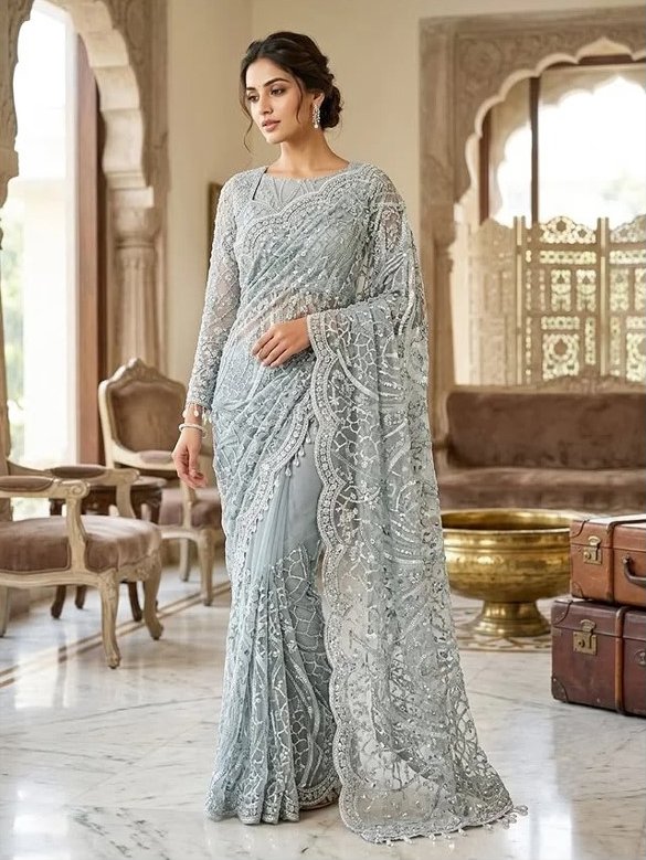 Ethereal Silver Net Embroidered Saree - Rajshri Fashions Sowcarpet Chennai