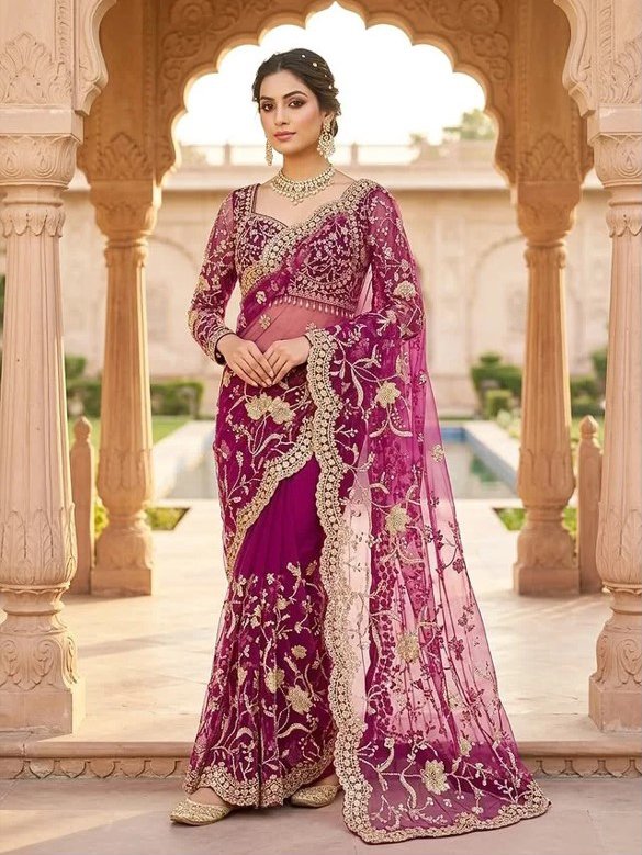 Majestic Magenta Gold Embroidered Net Saree - Rajshri Fashions Sowcarpet Chennai