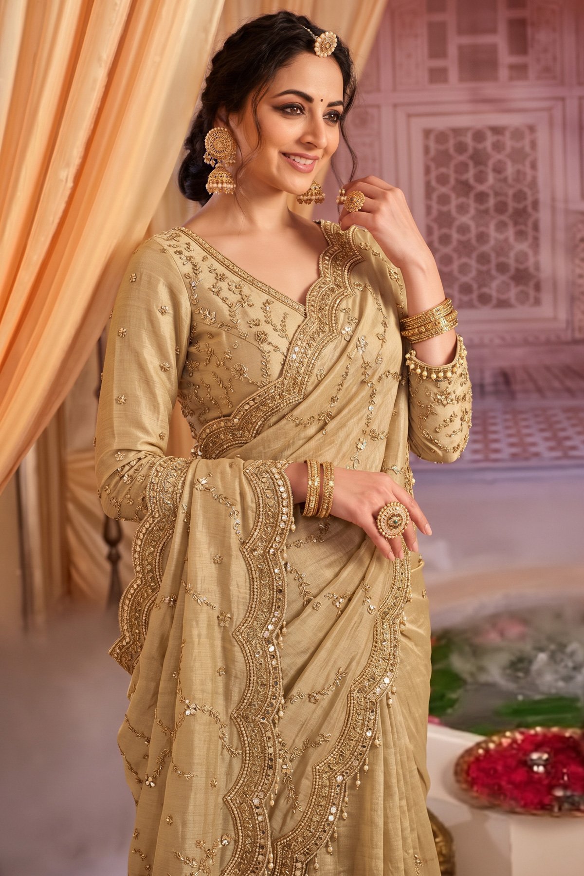 Regal Champagne Gold Embroidered Silk Saree - Rajshri Fashions Sowcarpet Chennai