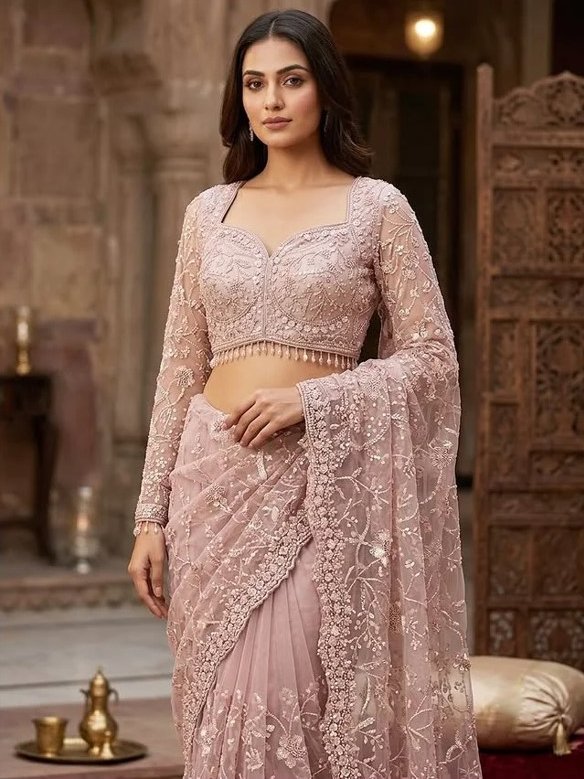 Regal Rose Gold Sequin Embroidered Net Saree - Rajshri Fashions Sowcarpet Chennai