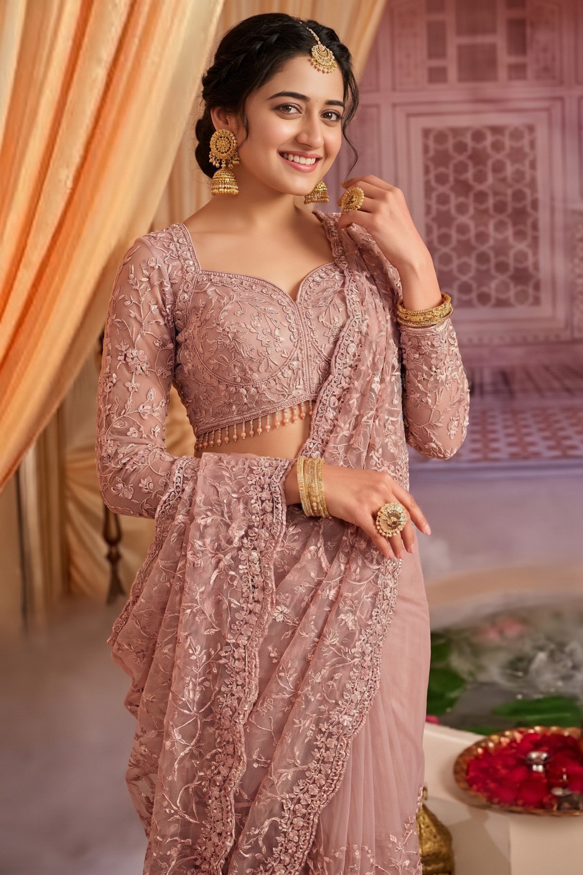 Regal Rose Gold Sequin Embroidered Net Saree - Rajshri Fashions Sowcarpet Chennai