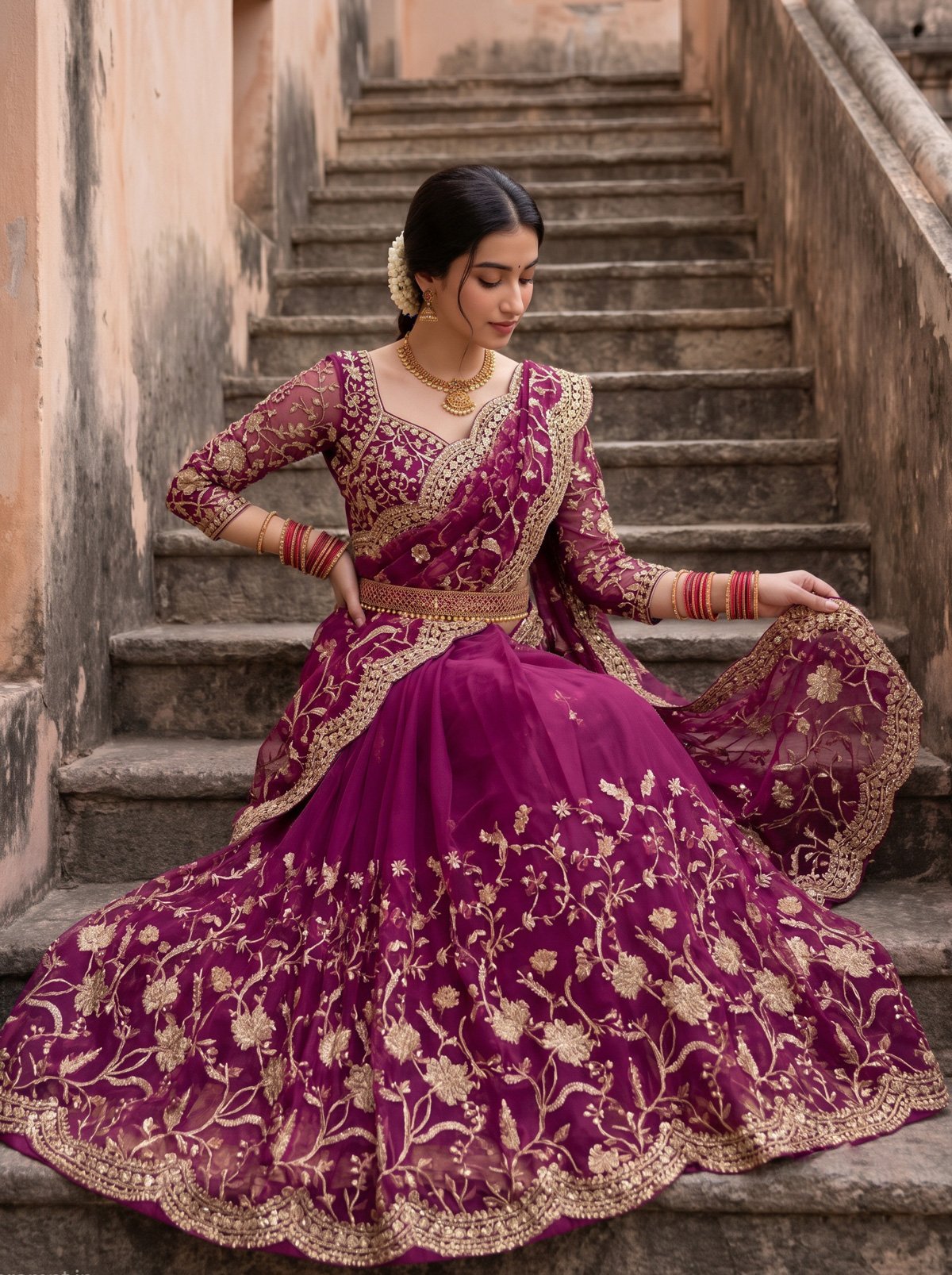 Majestic Magenta Gold Embroidered Net Saree - Rajshri Fashions Sowcarpet Chennai