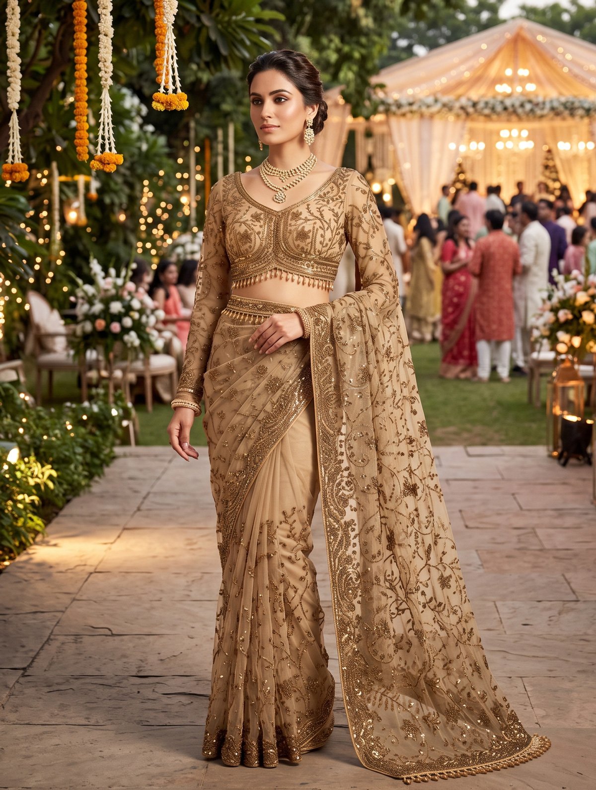 Opulent Antique Gold Sequin & Bead Embroidered Saree - Rajshri Fashions Sowcarpet Chennai
