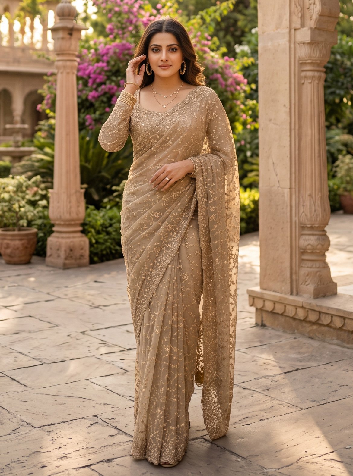 Rajshri Fashions Champagne Gold Embellished Net Saree - Rajshri Fashions Sowcarpet Chennai