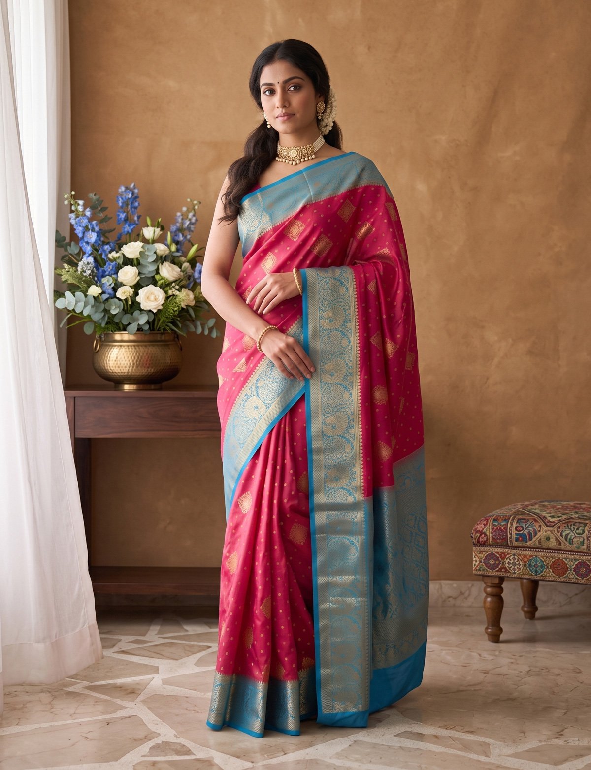 Rajshri Fashions Fuchsia Pink Banarasi Silk Saree with Teal Blue Zari Border - Rajshri Fashions Sowcarpet Chennai