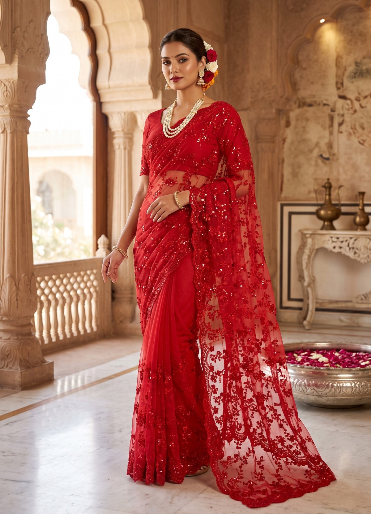 Rajshri Fashions Radiant Crimson Red Sequin Embroidered Net Saree - Rajshri Fashions Sowcarpet Chennai