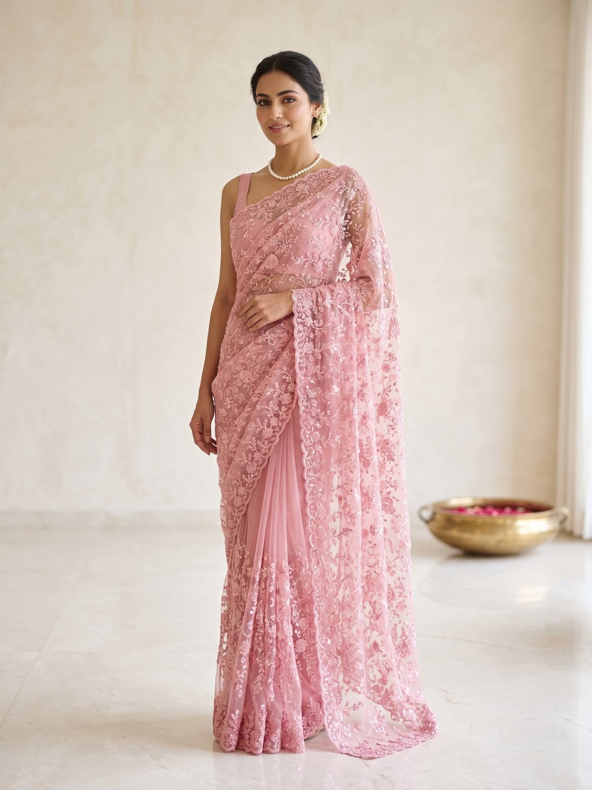 Rajshri Fashions Blush Pink Floral Embroidered Net Saree - Rajshri Fashions Sowcarpet Chennai